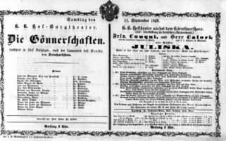 Theaterzettel (Oper und Burgtheater in Wien) 18580911 Seite: 1