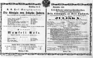 Theaterzettel (Oper und Burgtheater in Wien) 18581106 Seite: 1