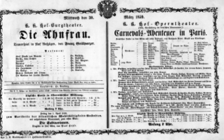Theaterzettel (Oper und Burgtheater in Wien) 18590330 Seite: 1
