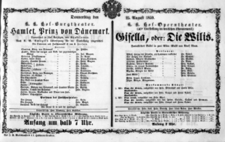 Theaterzettel (Oper und Burgtheater in Wien) 18590825 Seite: 1