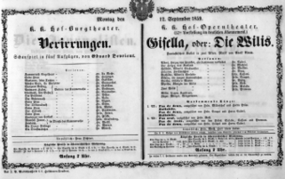 Theaterzettel (Oper und Burgtheater in Wien) 18590912 Seite: 1