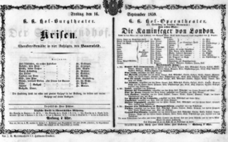 Theaterzettel (Oper und Burgtheater in Wien) 18590916 Seite: 1