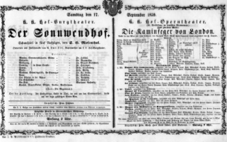 Theaterzettel (Oper und Burgtheater in Wien) 18590917 Seite: 1