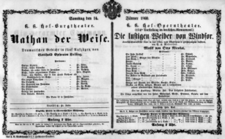 Theaterzettel (Oper und Burgtheater in Wien) 18600114 Seite: 1