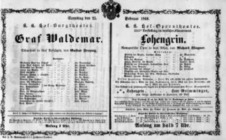 Theaterzettel (Oper und Burgtheater in Wien) 18600225 Seite: 1