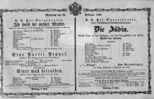 Theaterzettel (Oper und Burgtheater in Wien) 18600229 Seite: 1