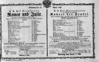 Theaterzettel (Oper und Burgtheater in Wien) 18600418 Seite: 1