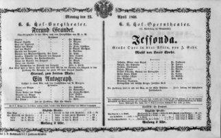 Theaterzettel (Oper und Burgtheater in Wien) 18600423 Seite: 1