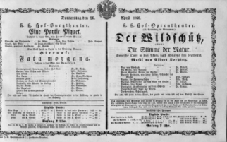 Theaterzettel (Oper und Burgtheater in Wien) 18600426 Seite: 1