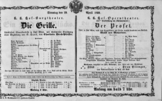 Theaterzettel (Oper und Burgtheater in Wien) 18600429 Seite: 1