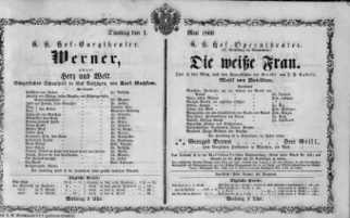 Theaterzettel (Oper und Burgtheater in Wien) 18600501 Seite: 1