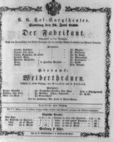 Theaterzettel (Oper und Burgtheater in Wien) 18600616 Seite: 1