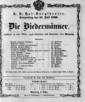 Theaterzettel (Oper und Burgtheater in Wien) 18600628 Seite: 1