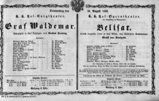 Theaterzettel (Oper und Burgtheater in Wien) 18600816 Seite: 1