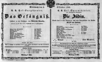 Theaterzettel (Oper und Burgtheater in Wien) 18601003 Seite: 1