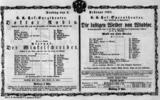Theaterzettel (Oper und Burgtheater in Wien) 18610208 Seite: 1