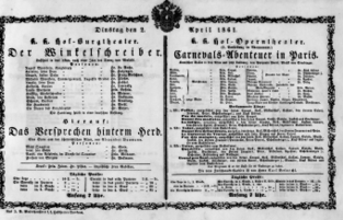Theaterzettel (Oper und Burgtheater in Wien) 18610402 Seite: 1