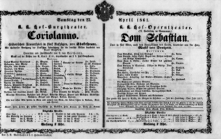 Theaterzettel (Oper und Burgtheater in Wien) 18610427 Seite: 1