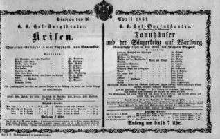 Theaterzettel (Oper und Burgtheater in Wien) 18610430 Seite: 1