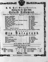 Theaterzettel (Oper und Burgtheater in Wien) 18610618 Seite: 1