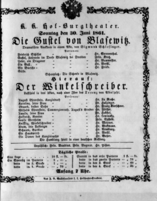 Theaterzettel (Oper und Burgtheater in Wien) 18610630 Seite: 1
