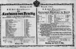Theaterzettel (Oper und Burgtheater in Wien) 18610816 Seite: 1
