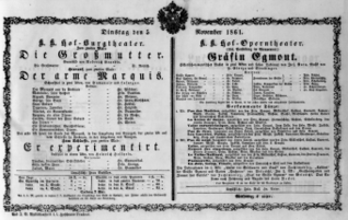 Theaterzettel (Oper und Burgtheater in Wien) 18611105 Seite: 1