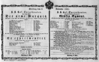 Theaterzettel (Oper und Burgtheater in Wien) 18611108 Seite: 1