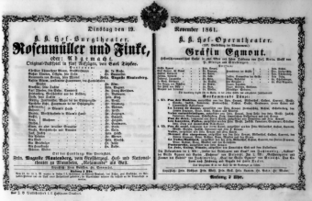 Theaterzettel (Oper und Burgtheater in Wien) 18611119 Seite: 1