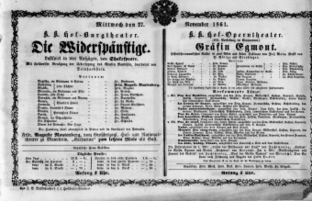 Theaterzettel (Oper und Burgtheater in Wien) 18611127 Seite: 1