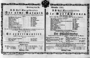 Theaterzettel (Oper und Burgtheater in Wien) 18611129 Seite: 1