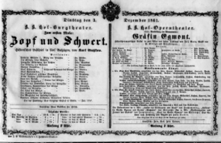 Theaterzettel (Oper und Burgtheater in Wien) 18611203 Seite: 1