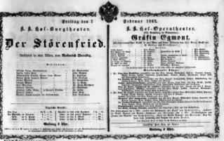 Theaterzettel (Oper und Burgtheater in Wien) 18620207 Seite: 1