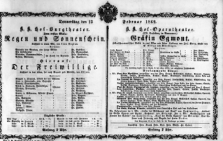 Theaterzettel (Oper und Burgtheater in Wien) 18620213 Seite: 1