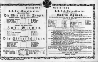 Theaterzettel (Oper und Burgtheater in Wien) 18620401 Seite: 1