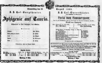 Theaterzettel (Oper und Burgtheater in Wien) 18620828 Seite: 1
