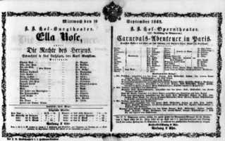 Theaterzettel (Oper und Burgtheater in Wien) 18620910 Seite: 1