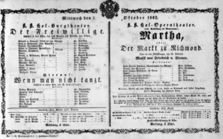 Theaterzettel (Oper und Burgtheater in Wien) 18621001 Seite: 1