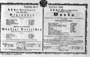 Theaterzettel (Oper und Burgtheater in Wien) 18621009 Seite: 1