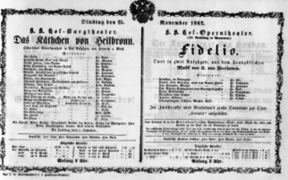 Theaterzettel (Oper und Burgtheater in Wien) 18621125 Seite: 1