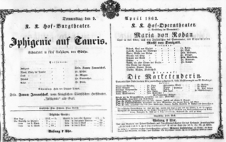 Theaterzettel (Oper und Burgtheater in Wien) 18630409 Seite: 1