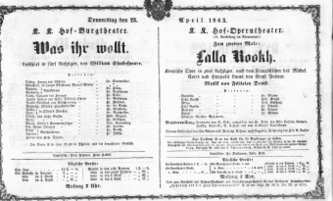 Theaterzettel (Oper und Burgtheater in Wien) 18630423 Seite: 1