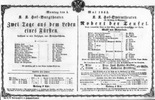 Theaterzettel (Oper und Burgtheater in Wien) 18630504 Seite: 1