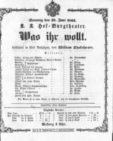 Theaterzettel (Oper und Burgtheater in Wien) 18630628 Seite: 1