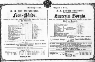 Theaterzettel (Oper und Burgtheater in Wien) 18630824 Seite: 1