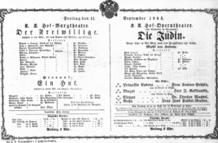 Theaterzettel (Oper und Burgtheater in Wien) 18630911 Seite: 1