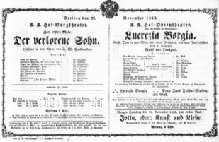Theaterzettel (Oper und Burgtheater in Wien) 18631120 Seite: 1