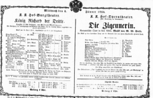 Theaterzettel (Oper und Burgtheater in Wien) 18640106 Seite: 1