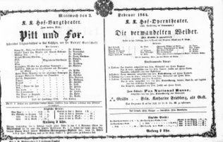 Theaterzettel (Oper und Burgtheater in Wien) 18640203 Seite: 1