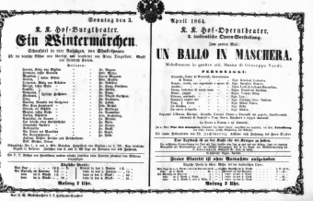Theaterzettel (Oper und Burgtheater in Wien) 18640403 Seite: 1